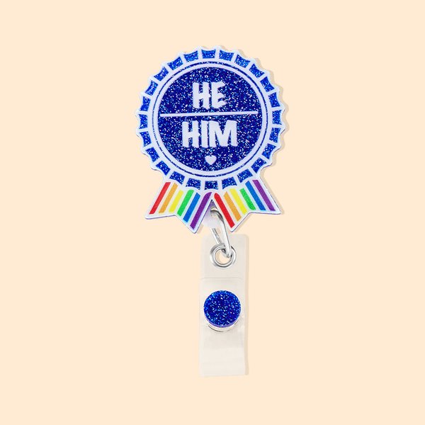 Personalised Retractable Pronoun Badge Reel Swivel Clip LGBTQ and Pride Rainbow