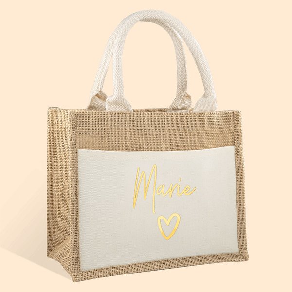 Personalized Mirror Name Love Heart Jute Tote Bag with Pocket Reusable Beach Travel Accessory Bridal Party Mother's Day Gift for Her