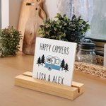 Personalized Happy Camper Camping RV Ceramic Sign with Wood Stand Home Decoration Housewarming Gift for Camp Lovers