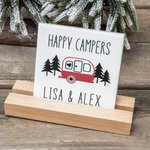 Personalized Happy Camper Camping RV Ceramic Sign with Wood Stand Home Decoration Housewarming Gift for Camp Lovers