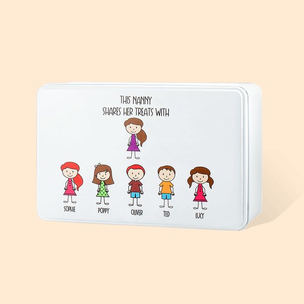 Personalised Metal Biscuit Tin with Names and Cartoon Images