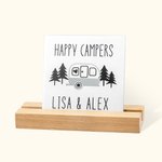 Personalized Happy Camper Camping RV Ceramic Sign with Wood Stand Home Decoration Housewarming Gift for Camp Lovers