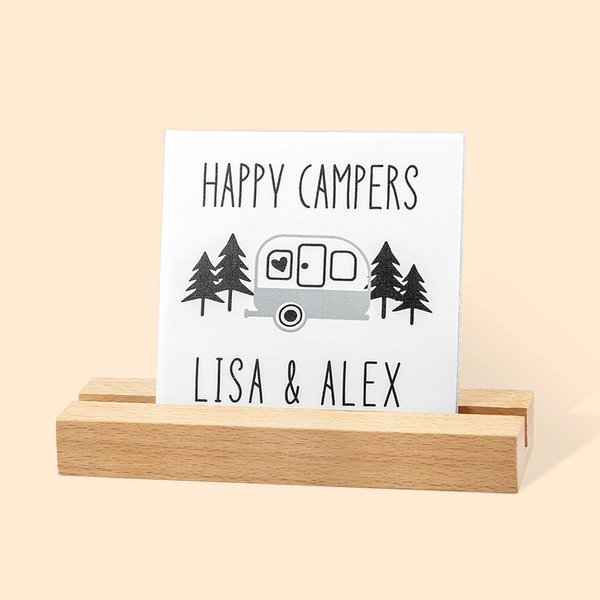 Personalized Happy Camper Camping RV Ceramic Sign with Wood Stand Home Decoration Housewarming Gift for Camp Lovers