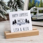 Personalized Happy Camper Camping RV Ceramic Sign with Wood Stand Home Decoration Housewarming Gift for Camp Lovers
