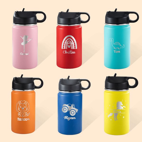 Botella de agua para niños de acero inoxidable con pajita y tapa personalizada 12 onzas Regalo de Navidad