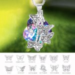 Personalised Birth Month Butterflies Necklace with Heart Crystal and Engraved Names Birthday Anniversary Mother's Day Gift for Family