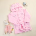 Personalised Soft Skin-friendly Elephant Fleece Baby Sleepwear Dressing Gown with Bear Ears and Embroidery Name Gift for Newborn