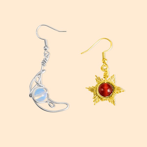 Personalised Sun and Moon Crystal Wire-Wrapped Drop Dangle Earrings