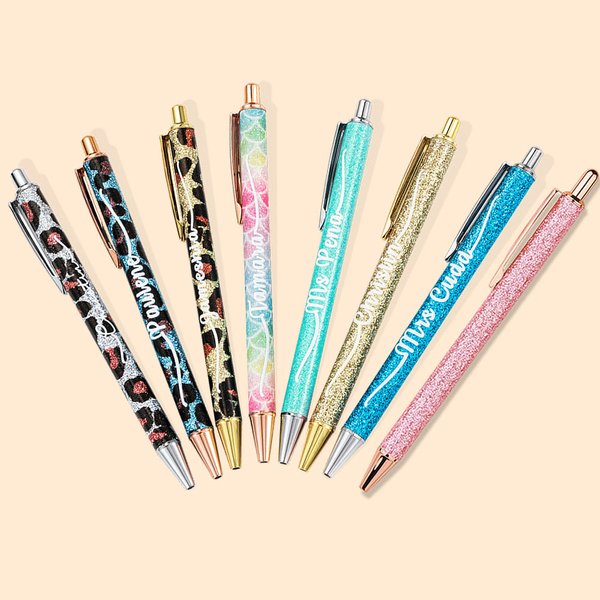 Personalised Glitter Rainbow Leopard Retractable Ballpoint Pens with Name Set of 2 Birthday Back to School Office Gift for Teacher Nurse Colleague
