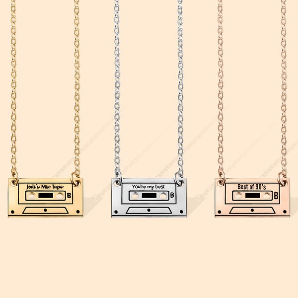 Collier Personnalisé Argent 925 Acier Inoxydable avec Texte Pendentif Gravé de Cassette Cadeau Rétro pour Femme Amoureux de Musique