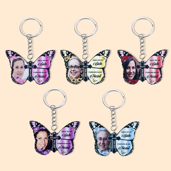 Personalised Butterfly Cross Once By My Side Forever In My Heart Keychain with Name Photo Memorial Gift