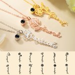 Collier Prénom Pendentif Personnalisé avec Fleur de Naissance et Projection Photo Cadeau pour Femme