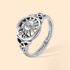 Personalized Sterling Silver Moon and Sun Ring with Celtic Triquetra Celestial Ring