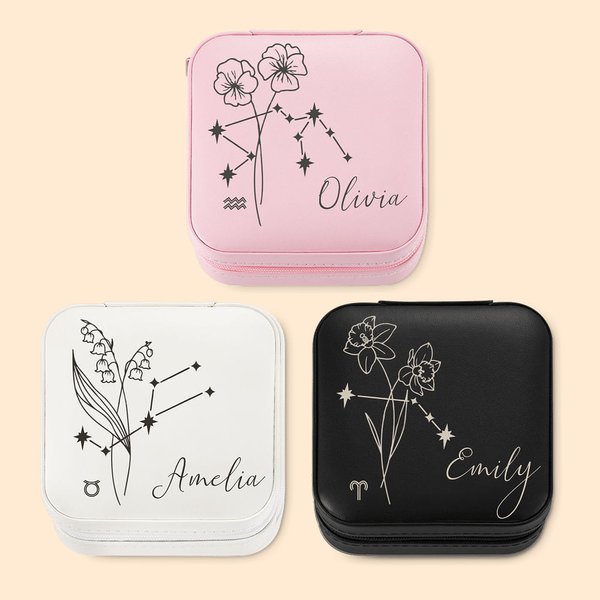 Gepersonaliseerde Geboortebloem en Sterrenbeeld Leren Sieradendoos Cadeaus voor Vrouwen