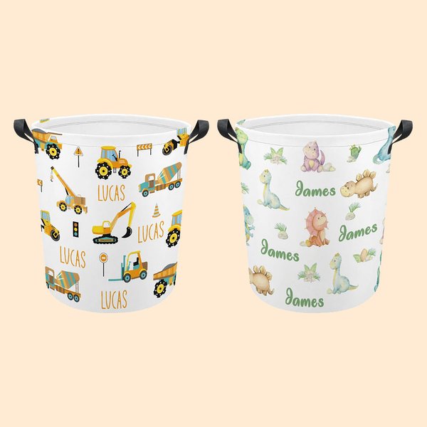 Cesto de la ropa infantil personalizado con estampado de camiones y dinosaurios
