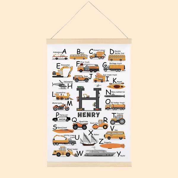 Personalized Transportation Vehicle Wood Frame Wall Hanging with Initial and Name Educational Alphabet Magnetic Canvas Poster Gift for Kids