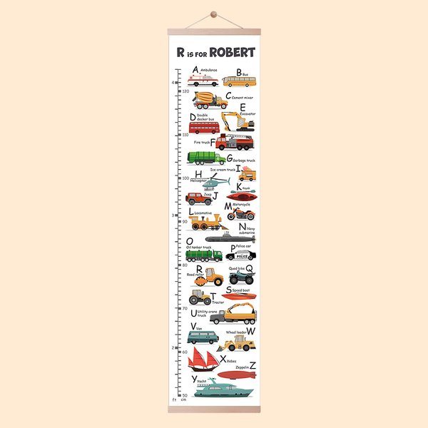 Personalized Alphabet Vehicle and Dinosaur Height Growth Chart for Kids