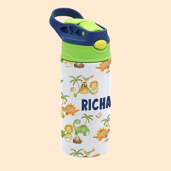 Personalisierte Baufahrzeuge Dinosaurier Wasserflasche mit Namen für Kinder