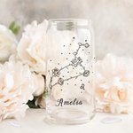 Verre Canette Personnalisé avec Zodiaque en Fleur de Naissance Verre avec Couvercle en Bambou et Paille Cadeau Anniversaire Fête pour Femme