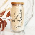 Verre Canette Personnalisé avec Zodiaque en Fleur de Naissance Verre avec Couvercle en Bambou et Paille Cadeau Anniversaire Fête pour Femme