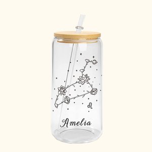 Personalisierte Geburt Blume und Konstellation Glaswasserflasche mit Strohhalm und Bambusdeckel