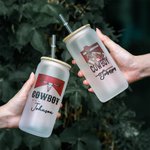 Personalized Western Cowboy Frosted Glass Tumbler with Straw and Bamboo Lid