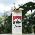 Personalized Western Cowboy Frosted Glass Tumbler with Straw and Bamboo Lid