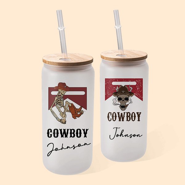 Bicchiere in vetro smerigliato personalizzato da cowboy occidentale con cannuccia e coperchio in bambù