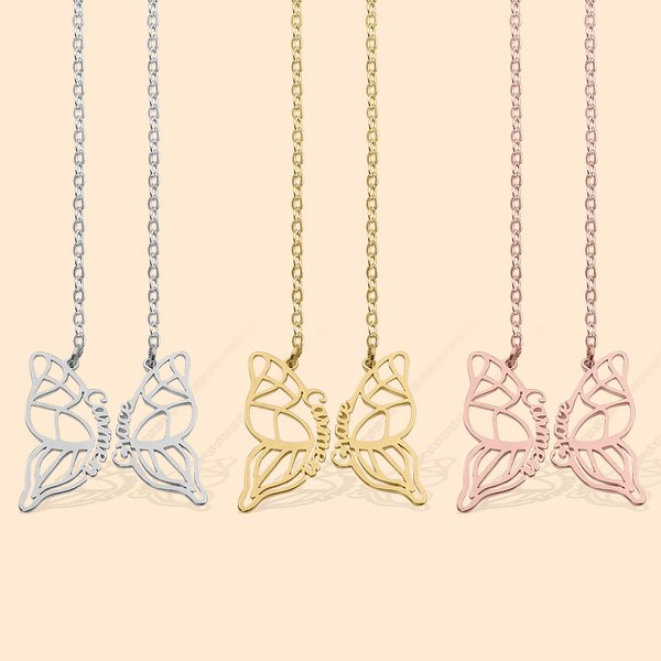 Personalised Set of 2 Butterfly Friendship Necklaces for Best Friends Jewellery