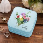 Personalisierter Aquarell Geburtsblume Schmuckasten aus Leder mit Namen Urlaub Blumenstrauß Tragbar Geschenk für Mutter Damen Mädchen