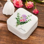 Personalisierter Aquarell Geburtsblume Schmuckasten aus Leder mit Namen Urlaub Blumenstrauß Tragbar Geschenk für Mutter Damen Mädchen