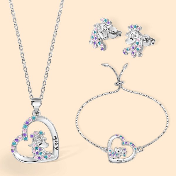 Personalizado Nombre Fantasía Unicornio Collar Stud Pendiente Pulsera Joyería Set