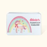 Personalized Fantasy Unicorn or Dinosaur Rainbow Metal Biscuit Tin