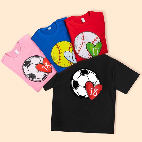 Gepersonaliseerd Voetbal Basketbal Honkbal Hart T-shirt met Nummer voor Sportliefhebber