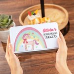 Personalized Fantasy Unicorn or Dinosaur Rainbow Metal Biscuit Tin