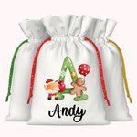 Personalized Christmas Animal Alphabet Linen Drawstring Bag for Gift Wrapping Party Favors