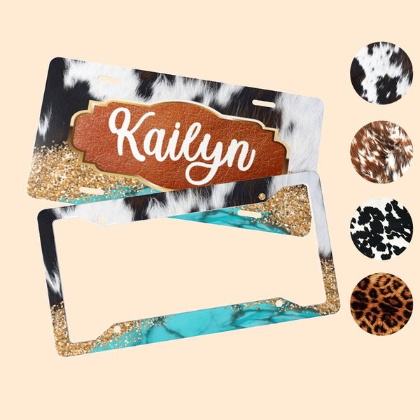 Personalized Aluminum Turquoise and Cow Hide Glitter Decorative License Plate