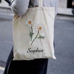 Sac en Toile Personnalisé avec Fleur de Naissance et Nom Sac de Grande Capacité Cadeau Anniversaire Fête pour Femme