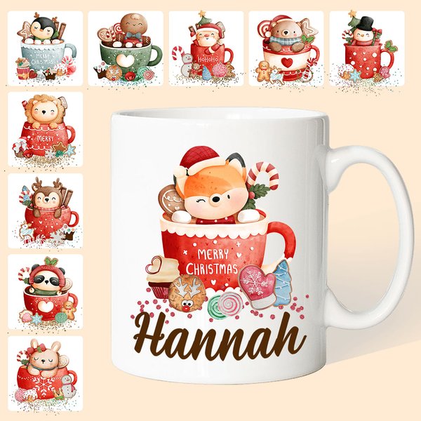 Personalised Cartoon Christmas Theme Hot Cocoa Ceramic Mugs with Name