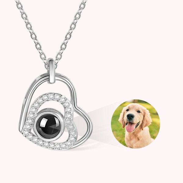Collier Projection Personnalisé avec Photo Collier à Double Cœur de Diamants Cadeau d'Anniversaire Fête des Mères pour Femme