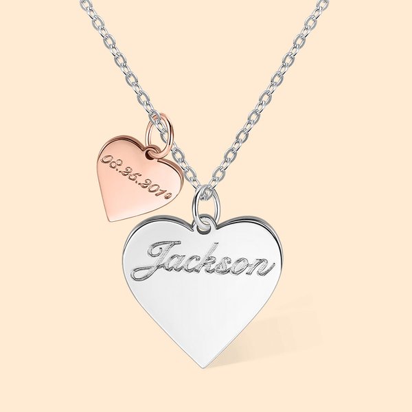 Pendentif Personnalisé avec Double Cœur Argent à Graver Collier pour Femme Cadeau Anniversaire Fête des Mères