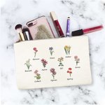 Trousse de Maquillage Personnalisée avec 1-10 Noms et Fleurs de Naissance Cadeau Anniversaire Fête des Mères pour Femme