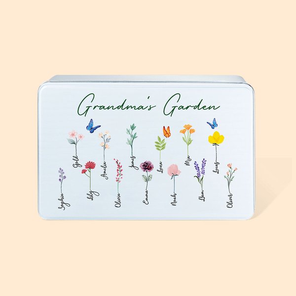 Scatola di latta in metallo personalizzata con fiori acquerellati di famiglia