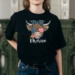 T-shirt personnalisé de la fête de l'Indépendance avec drapeau américain Highland Cow Chemise amusante du 4 juillet