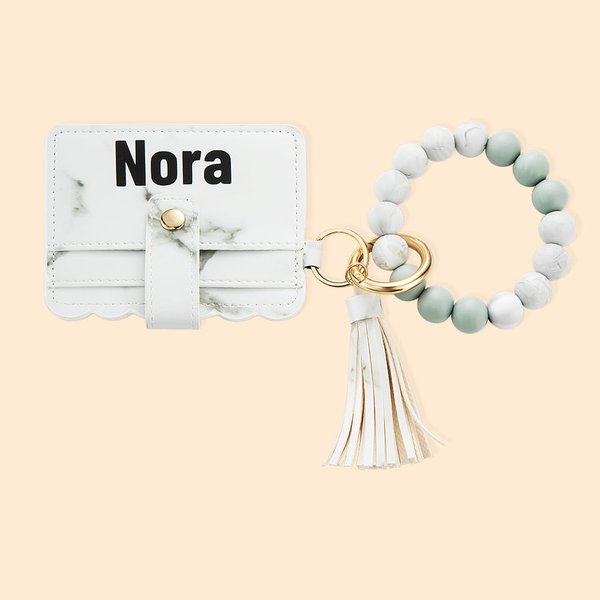 Personalized Keychain Leather Wallet With Wristlet Beaded Bracelet
