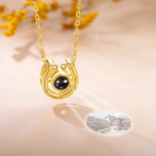 Personalised Horseshoe Photo Projection Lucky Necklace with 100 Languages I Love You Birthday Valentine's Day Gift for Women Horse Lovers