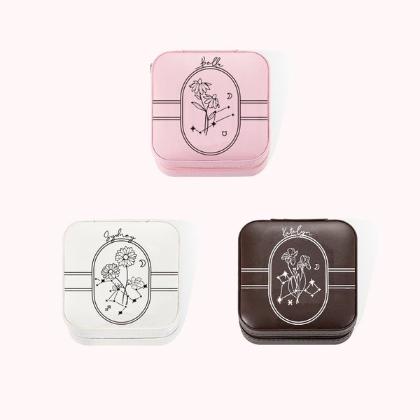 Personalized Leather Name Birth Flower and Zodiac Jewellery Box for Women Girls