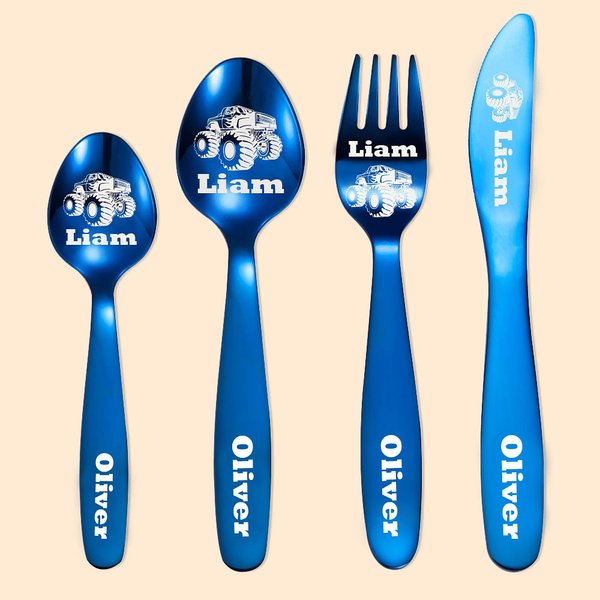 Set de couverts personnalisé sur le thème des camions de cascadeurs extrêmes Cadeau pour enfants