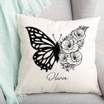 Housse d'Oreiller Personnalisée avec Nom et Fleur de Naissance Taie d'Oreiller Motif Moitié Papillon Moitié Fleurs Cadeau Anniversaire Fête pour Femme