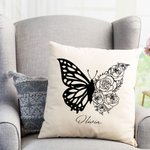 Housse d'Oreiller Personnalisée avec Nom et Fleur de Naissance Taie d'Oreiller Motif Moitié Papillon Moitié Fleurs Cadeau Anniversaire Fête pour Femme